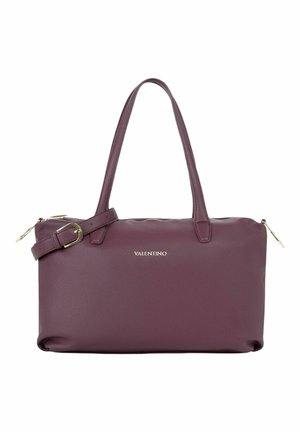 Dark purple leather Valentino handbag with two shoulder straps, a detachable buckle strap, and gold zipper details.