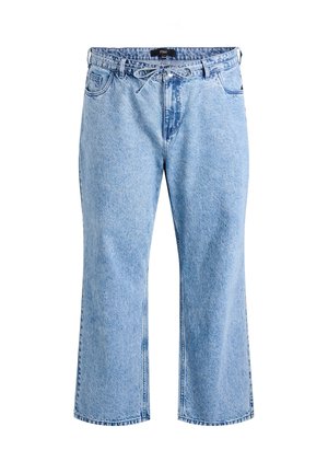 Svetlo modre kavbojke iz jeansa z ohlapnim krojem, skrajšano dolžino, dizajnom s petimi žepi in detajlom z vrvico za zapiranje na pasu.