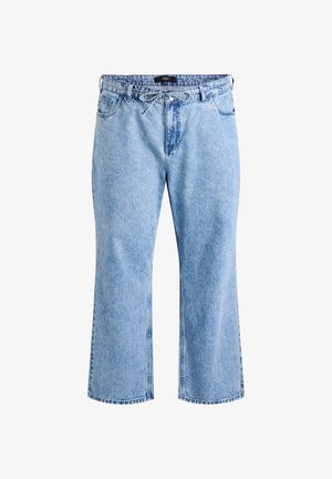 Svetlomodré riflové nohavice s uvoľneným strihom, skrátenou dĺžkou, päťvreckovým dizajnom a detailom sťahovacieho šnúrky na páse.