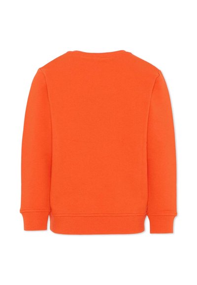 Felpa a maniche lunghe di un arancione brillante con polsini, orlo e scollo rotondo a coste, mostrata di spalle su sfondo bianco.