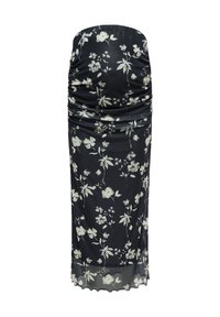 Μαύρο φόρεμα με λουλούδια, με εφαρμοστό, χωρίς τιράντες σχέδιο. Κατασκευασμένο από μαλακό ύφασμα, διαθέτει ραφές που το σφίγγουν και διαφανές τελείωμα. Λευκά λουλουδένια σχέδια.