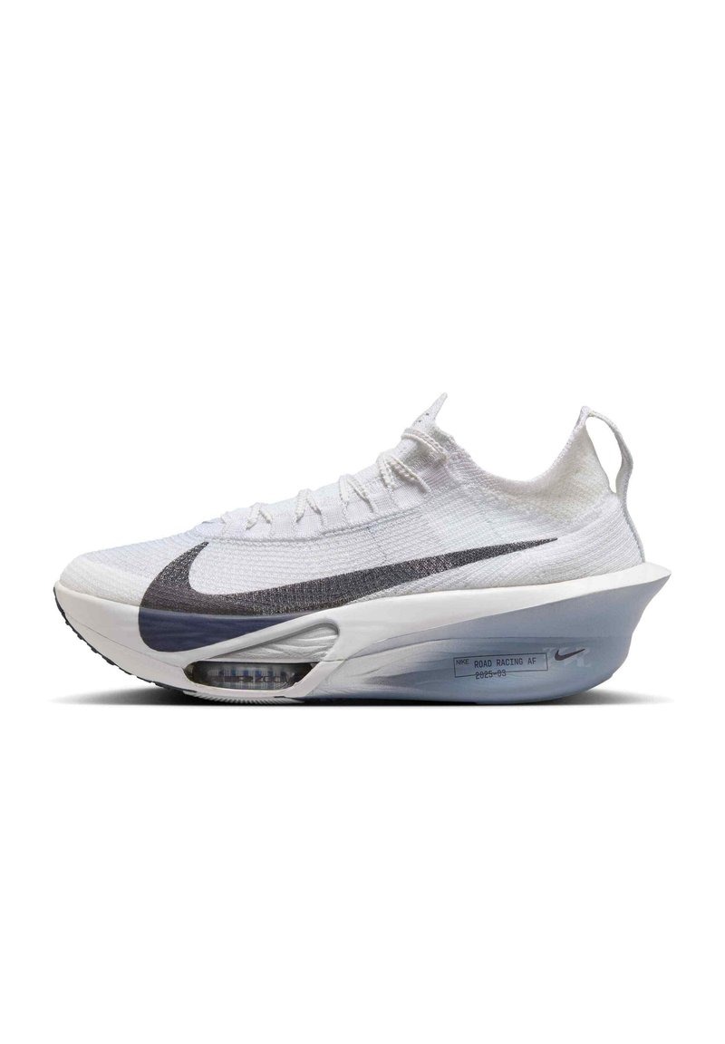 Nike running shoe in white textile with a grey swoosh, a streamlined shape, a transparent midsole, and visible air cushioning.