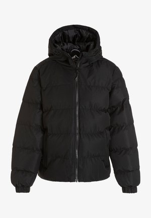Chaqueta negra tipo puffer con capucha, cierre de cremallera, puños acanalados, diseño con paneles y exterior liso resistente al agua.