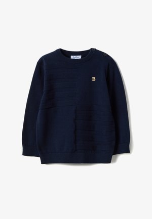 Maglione in maglia blu navy con trama a righe orizzontali, scollo rotondo e due bottoni decorativi su una spalla. Dettaglio logo "B" dorato.