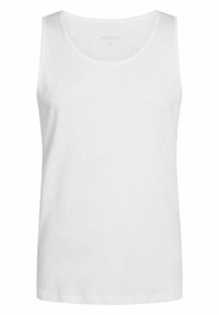 Top din bumbac alb fără mâneci, cu decolteu rotund. Design simplu, textură netedă, destinat purtării casual.