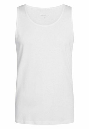 Hvid bomulds tanktop med rund halsudskæring og uden ærmer. Enkel design, glat tekstur, beregnet til afslappet brug.