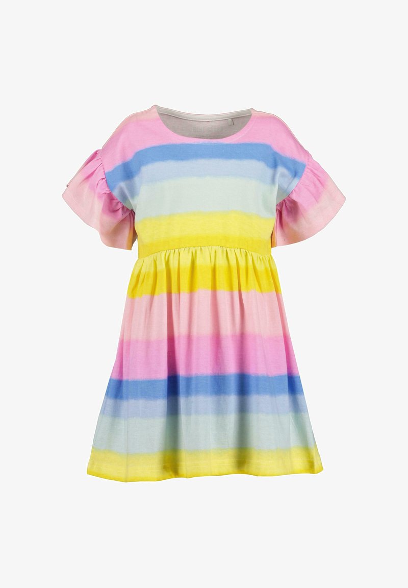 Sukienka dla małej dziewczynki z krótkim rękawem w poziome pasy w odcieniach różu, niebieskiego, żółtego i białego, z marszczoną talią i okrągłym dekoltem.