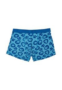 Blue boxer shorts featuring a pattern of dark blue paw prints and stars on a light blue background, with a contrasting blue waistband.
