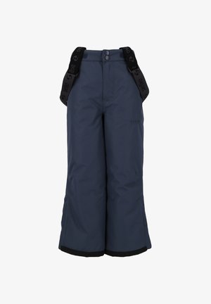 Pantalones de nieve impermeables en color marino con tirantes ajustables negros, dos bolsillos frontales y puños reforzados negros en el dobladillo. Textura de tela suave.