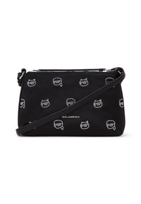Čierna saténová crossbody taška so striebornými kryštálmi, ktorá obsahuje motívy mačiek a loga, má zipsový uzáver a nastaviteľný popruh.