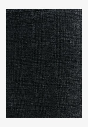 Czarna tkanina o teksturze z subtelnym wzorem w kratę, z różnymi odcieniami ciemnoszarego, oferująca zorganizowany wygląd.