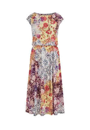 Robe midi à fleurs avec manches courtes, mélangeant les couleurs jaune, violet, rouge et bleu dans un motif floral et géométrique mixte.