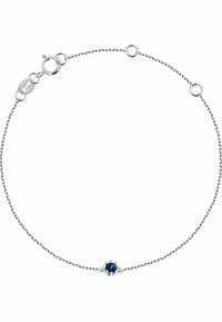 Silverkedja armband med runt blått ädelsten i mitten, med delikata länkar och en kräftklämma för säker stängning.