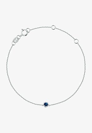 Silver chain bracelet with round blue gemstone centerpiece, featuring delicate links with a lobster clasp for secure closure.