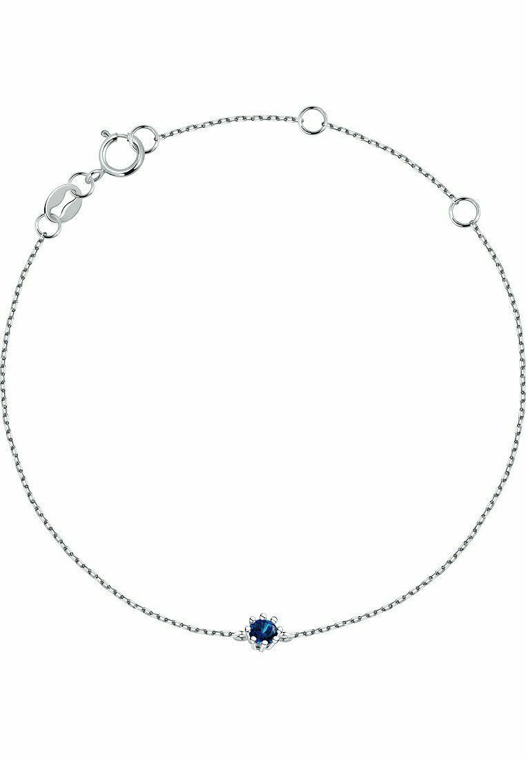 Silverkedja armband med runt blått ädelsten i mitten, med delikata länkar och en kräftklämma för säker stängning.