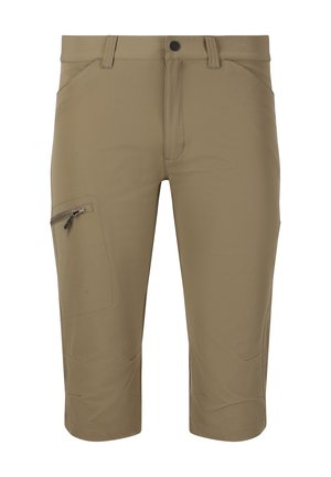 Beige cropped broek van lichtgewicht stof, met een ritszak aan de linkerkant en een gladde, matte textuur.