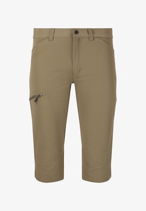 Beige cropped broek van lichtgewicht stof, met een ritszak aan de linkerkant en een gladde, matte textuur.