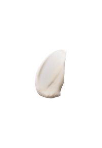 Vit kräm eller lotion, mjuk textur, semi-opak framtoning, något glansig yta, applicerad i en oregelbunden, böjd form.