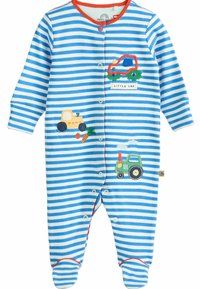 Bodysuit per neonato a righe blu e bianche in morbido tessuto, con veicoli ricamati: un camion rosso e un trattore giallo con decorazioni.