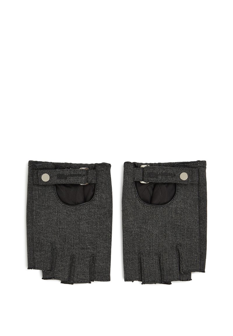 Black denim fingerless gloves with a textured finish, featuring a snap button closure and an open pocket on the wrist area.