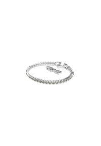 Bracciale d'argento con una serie di strass rotondi e chiari incastonati in una catena flessibile, dotato di un fermo sicuro per la chiusura.