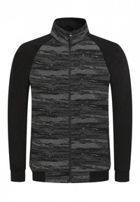 Chaqueta negra con cremallera y cuello alto, con un cuerpo de patrón gris texturizado y mangas y puños negros sólidos.