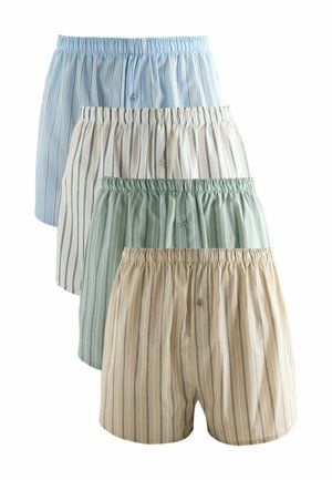 Set of four pairs of boxer shorts in light blue, white, green, and beige with vertical stripes; elastic waistband; button detail on front.
