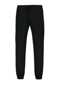 Pantalons de survêtement noirs en tissu doux avec une taille à cordon de serrage, des poignets ajustés et un logo minimal sur la cuisse gauche.