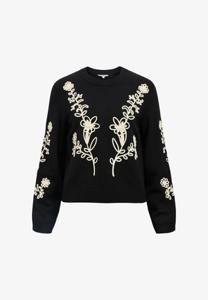 Melna džemperis ar krēmīgiem ziedu izšuvumiem priekšpusē un piedurknēs, apaļa kakla izgriezums un ribotas aproces, kas nodrošina piegulošu dizainu.