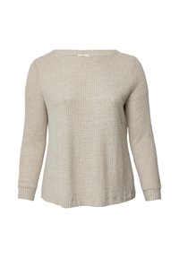 Beżowa bluzka z długim rękawem o teksturowanym wzorze typu waffle-knit. Posiada szeroki dekolt i mankiety na rękawach, zapewniając luźne dopasowanie.