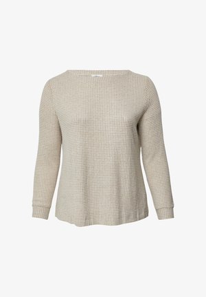 Beżowa bluzka z długim rękawem o teksturowanym wzorze typu waffle-knit. Posiada szeroki dekolt i mankiety na rękawach, zapewniając luźne dopasowanie.