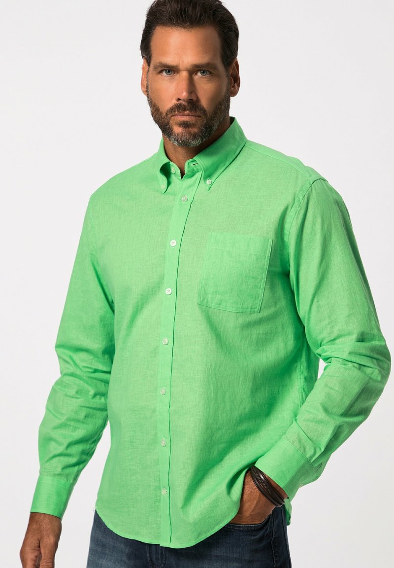 Grüne Button-Down-Bluse aus leichtem Stoff, mit einer Brusttasche und langenÄrmeln, sowie einem strukturierten, leicht melierten Finish.