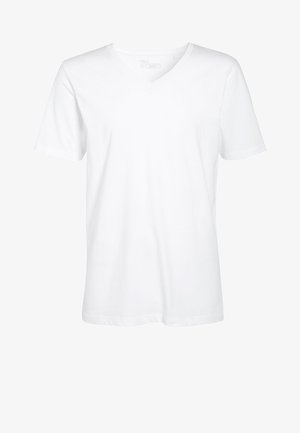 T-shirt bianco in cotone con maniche corte e scollatura a V. Tessuto liscio, taglio semplice e senza motivi o dettagli visibili.