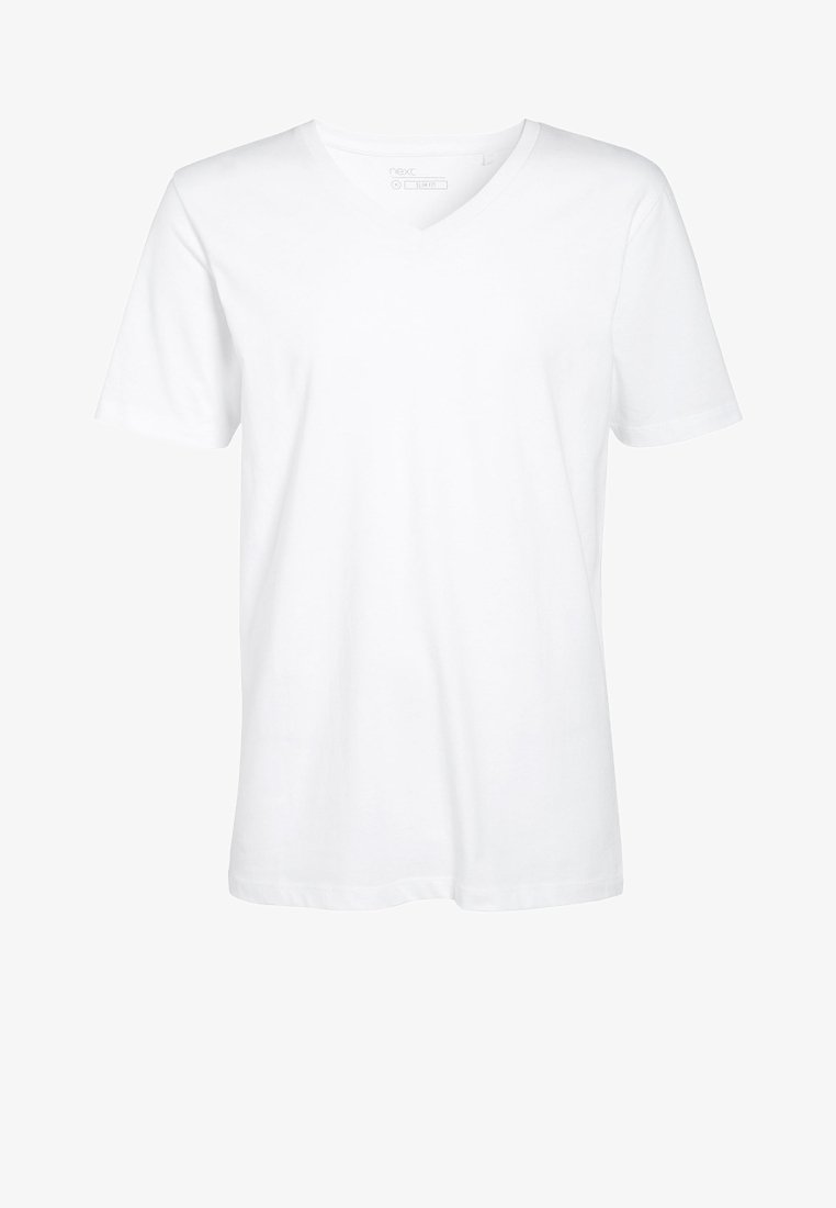 T-shirt bianco in cotone con maniche corte e scollatura a V. Tessuto liscio, taglio semplice e senza motivi o dettagli visibili.