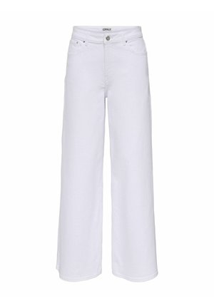 Jean blanc à jambes larges avec bouton frontal, fermeture éclair, passants pour ceinture, et poches latérales et arrière, présenté sur un fond blanc.