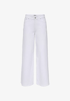 Jean blanc à jambes larges avec bouton frontal, fermeture éclair, passants pour ceinture, et poches latérales et arrière, présenté sur un fond blanc.