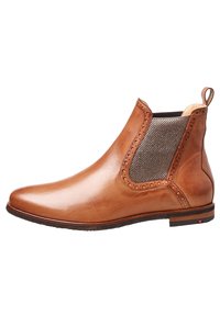 Stivaletti in pelle marrone con finitura liscia, pannelli laterali elasticizzati, dettagli perforati e tacco basso.