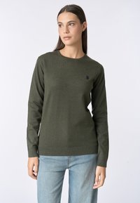 Maglione verde a maglia con scollatura rotonda, maniche lunghe e un piccolo logo nero sul lato sinistro del petto. Tessuto morbido e forma aderente.