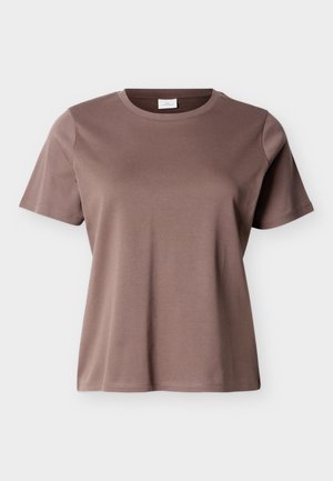 Kurzärmliges, rundhalsiges T-Shirt aus mauve-braunem Baumwollstoff mit lockerem Schnitt, vor einem schlichten hellen Hintergrund gezeigt.
