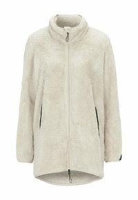 Hellbeige Fleecejacke mit hohem Kragen, vollem Frontreißverschluss und Seitentaschen. Sie besitzt eine weiche Textur und eine lockere, verlängerte Passform.