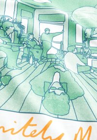 Grön och vit grafik som visar en livlig inomhusscen med människor, växter och möbler. Konturteckning med detaljerade texturer och mönster.