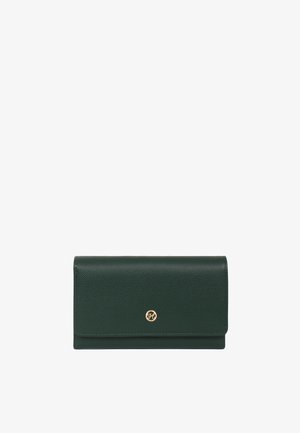 Dark green textured leather wallet with a small round gold emblem centered on the front flap against a white background.