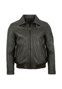 Schwarze Lederjacke mit Reißverschluss, Druckknopfkragen, seitlichen Taschen, geripptem Saum und Bündchen sowie einer strukturierten Oberfläche. Verfügt über eine kleine Reißverschlusstasche am Arm.