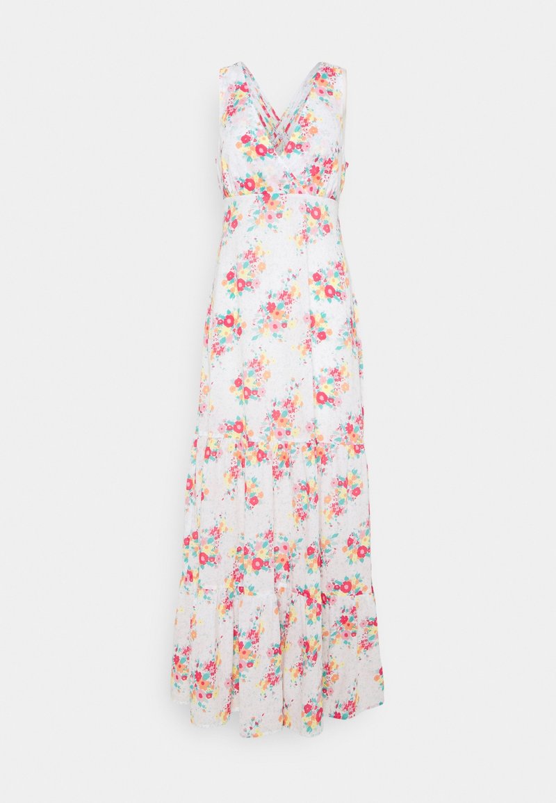 Robe maxi blanche sans manches avec imprimé floral multicolore et décolleté en V, avec un ourlet à volants et une taille ajustée.