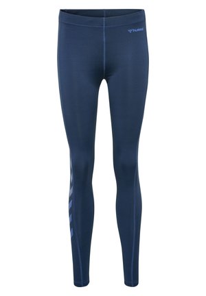 Marineblå leggings lavet af strækbart materiale med en glat tekstur. Har et logo på taljebåndet og et vertikalt mønster langs siden.