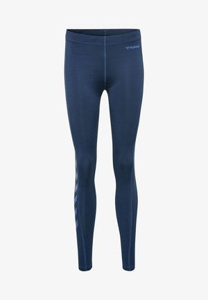 Granatowe legginsy wykonane z elastycznego materiału o gładkiej teksturze. Posiadają logo na pasie i pionowy wzór wzdłuż boku.