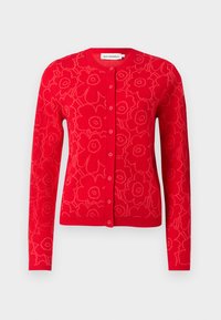 Red cardigan with floral pattern, featuring a round neckline, button closure, and long sleeves. Soft texture and fitted design.