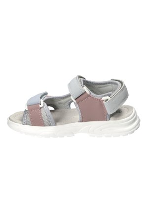 Dziecięca sandał z odkrytymi palcami, szarymi i różowymi paskami, białą wyściełaną podeszwą oraz regulowanymi zapięciami na rzepy dla pewnego dopasowania.