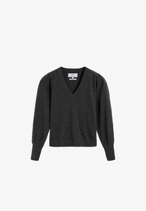 Grau gestrickter Pullover mit V-Ausschnitt, puffierten langen Ärmeln und geripptem Saum. Hergestellt aus weichem Stoff, mit einem lässigen Schnitt und minimalen Details.