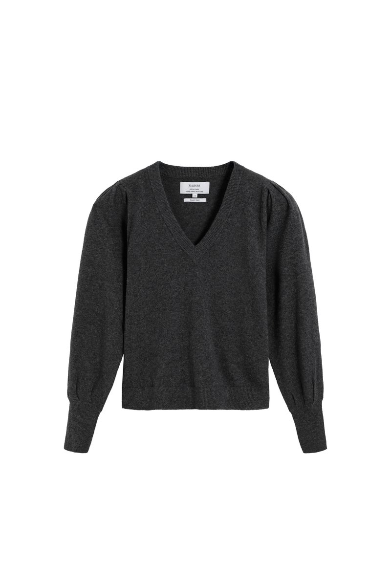 Suéter gris de punto con escote en V, mangas largas abullonadas y dobladillo acanalado. Fabricado con una tela suave, presenta un ajuste relajado y un detalle minimalista.
